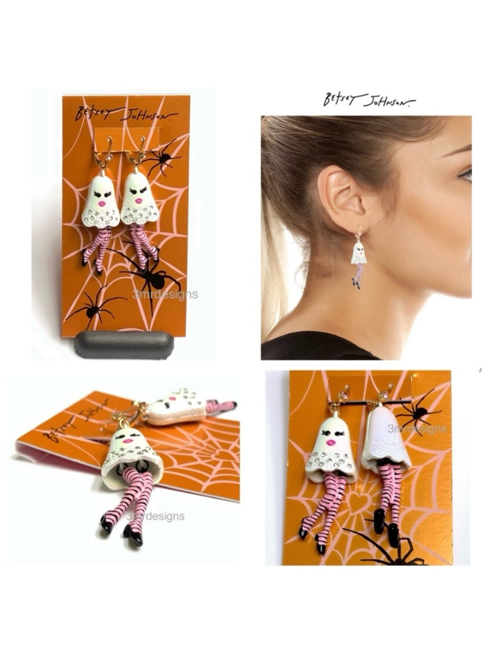 NWT Betsey Johnson 💋HALLOWEEN GIRLY GHOST Gold Tone Glass Stones Drop Earrings
